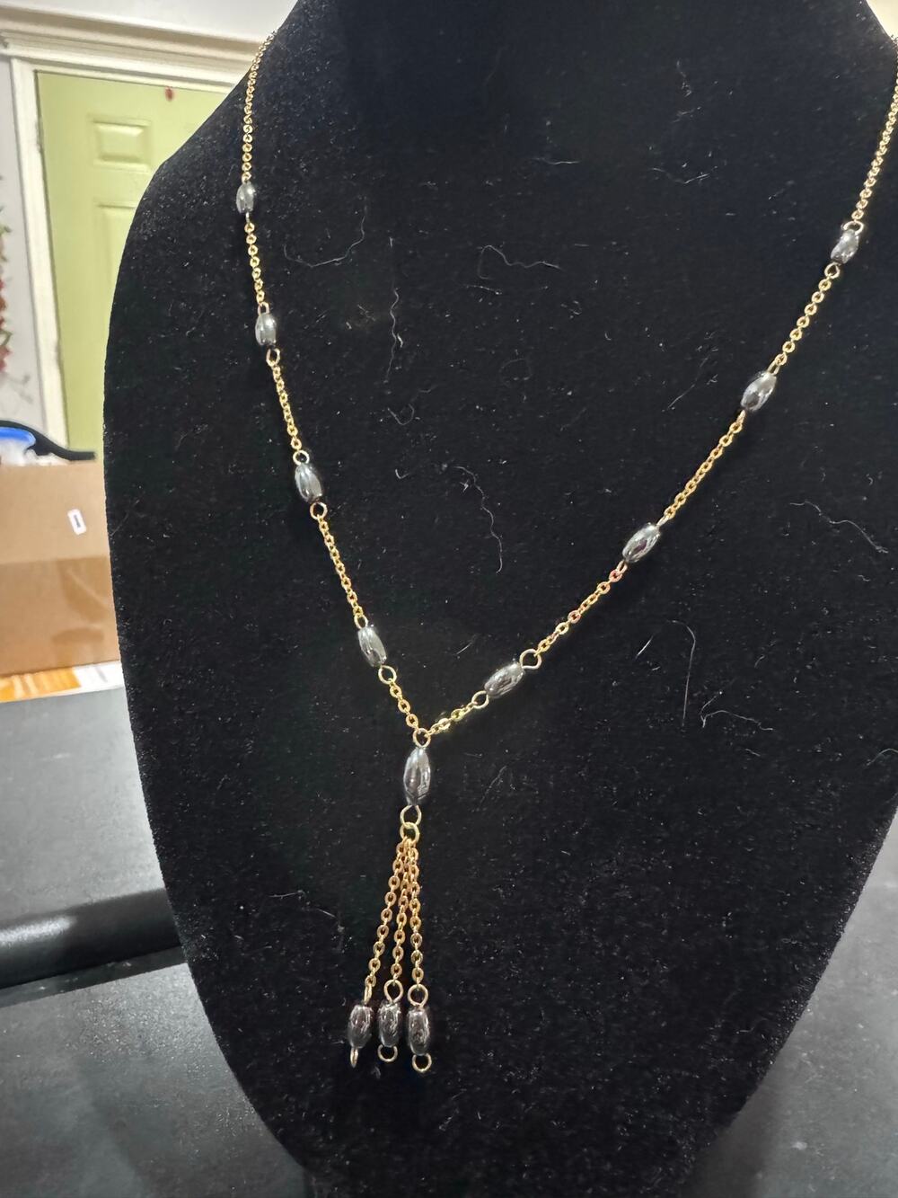Vintage Gold Tone Tassel Necklace | Black Bead Lariat Necklace | Delicate 90s